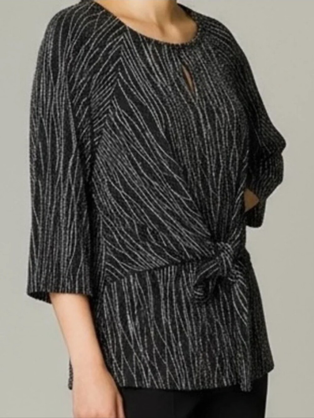 Anne Klein Black Metallic Thread Tie-Waist Long Sleeve Blouse